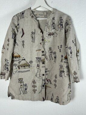 Orchadia Casuals Womens Tribal Print Button-Up Shirt Medium Beige 3/4 Sleeve Top